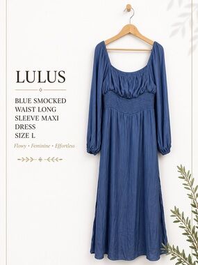 Lulus Blue Smocked Waist Long Sleeve Maxi Dress Size L